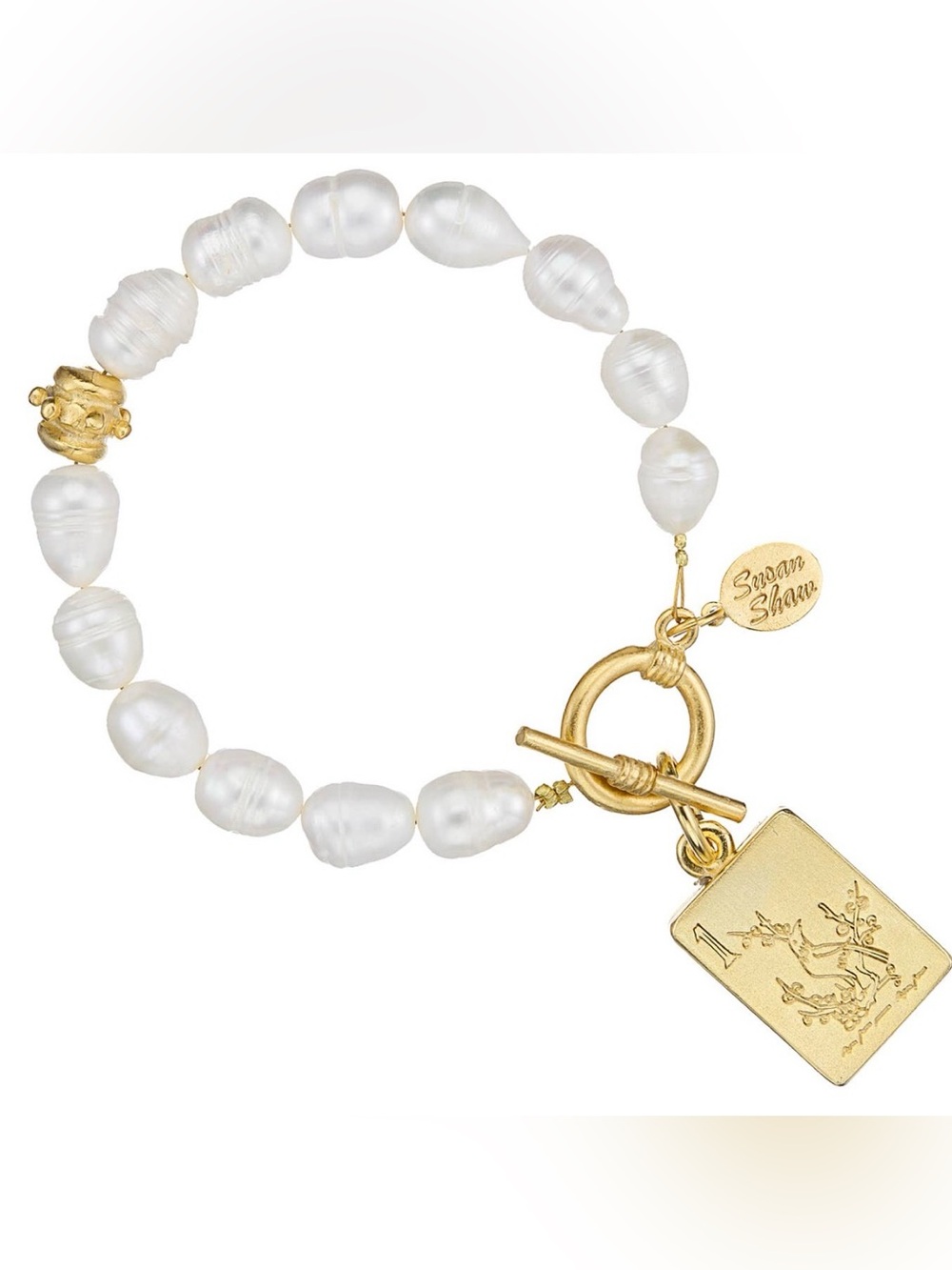 Susan Shaw 1 bam bird Gold & White Pearl mahjong Toggle Charm Bracelet